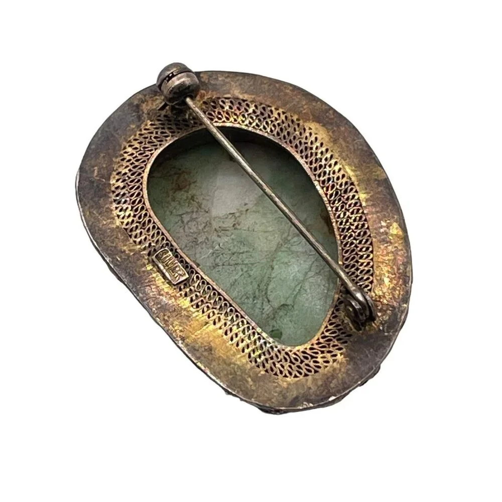 Sterling Silver 925 Carved Jade Enameled Brooch‎ Pin VTG Chinese Asian Flowers